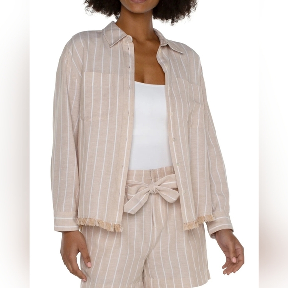 Liverpool Tops - XL LIVERPOOL Linen Blend Striped Button Down Fringe Hem Lagenlook Shirt